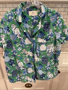Print Fresh Pajama Set Womens Size Small Blue Green Fancy Cats Shorts Top Boho